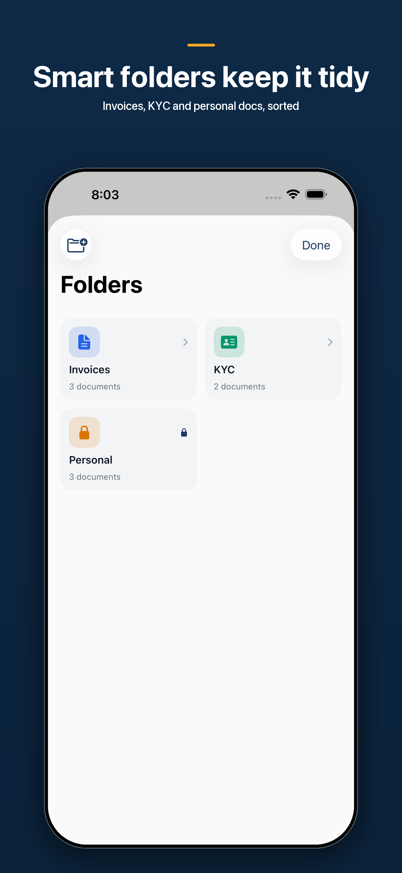 Smart folders for ID, Invoice, Receipt, Legal, and Notes